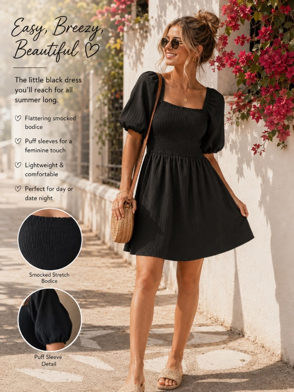 H&M Smocked Puff Sleeve Dress | Black | Size S | EUC